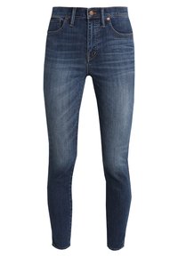 Dark blue denim jeans with a slim fit, featuring five pockets, a button closure, and subtle faded areas for texture contrast.