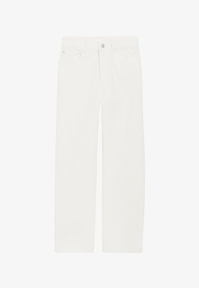 Baltos tiesaus kirpimo džinsai su priekinėmis kišenėmis, diržo kilputėmis ir užsegimu su mygtuku.