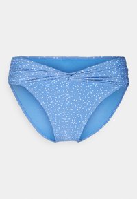 Parte inferior de bikini azul com um design atado na cintura; apresenta um padrão de bolinhas brancas sobre um tecido liso e elástico.