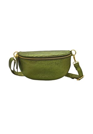 Sac à bandoulière métallique vert avec une forme arrondie, fermeture éclair dorée et bandoulière ajustable, présentant une surface texturée.