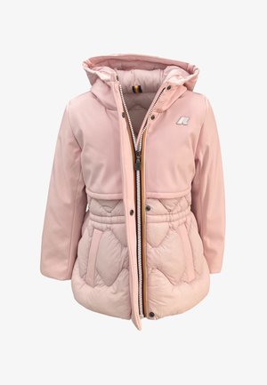 Cappotto invernale imbottito rosa chiaro con cappuccio, cerniera frontale, bottoni a pressione e due tasche, progettato per bambini.