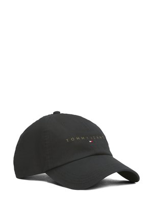 Gorra de béisbol negra con visera curvada, texto bordado "TOMMY JEANS" y pequeño logo de bandera roja, blanca y azul en la parte frontal.