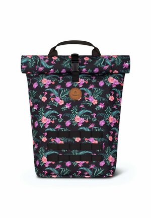 Roll-top backpack in black fabric with a floral pattern in pink and green. Features a handle, strap closure, and adjustable straps.