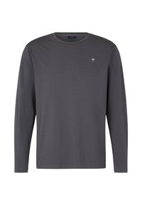 Grå langærmet t-shirt lavet af blødt materiale, med rund hals og et lille broderet trælogo på venstre bryst.