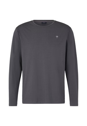 Graues Langarm-T-Shirt aus weichem Material, mit Rundhalsausschnitt und kleinem gesticktem Baum-Logo auf der linken Brust.