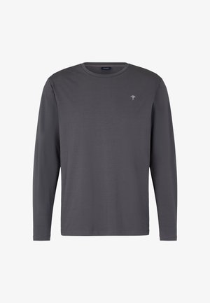 Grijze langslijft T-shirt gemaakt van zacht materiaal, met een ronde hals en een klein geborduurd boommotief op de linkerkant van de borst.