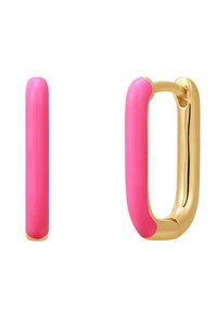 Orecchini a cerchio in smalto rosa con un accento in metallo placcato in oro. Presentano una finitura liscia e una forma rettangolare arrotondata.