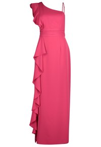 Asymetryczna różowa sukienka na jedno ramię z falbaną na rękawie i opadającymi falbanami po jednej stronie; wykonana z gładkiej tkaniny z dopasowaną talią.