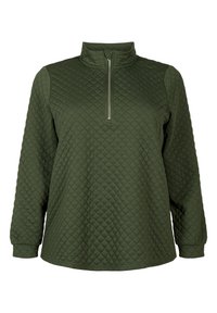 Maglione trapuntato di colore verde scuro con zip sul collo, maniche lunghe e motivo a diamante testurizzato su tutto il tessuto.