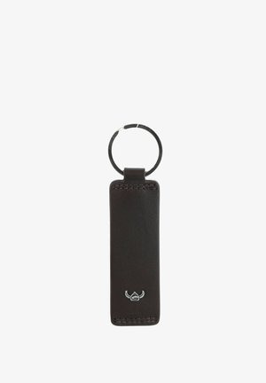 Black rectangular leather keychain with metal ring and a small silver emblem resembling a horned helmet at the bottom center.