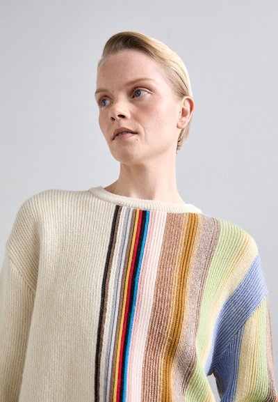 Multicolored knit sweater featuring vertical stripes in beige, blue, green, pink, and brown. Textured ribbed material with a crew neckline.