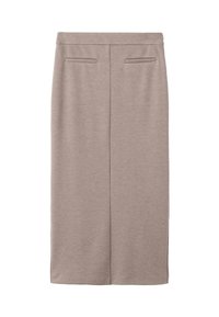 Falda midi beige hecha de una tela texturizada, con cintura alta, dos bolsillos traseros y una silueta recta con una costura central en la parte posterior.