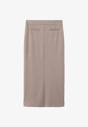 Falda midi beige hecha de una tela texturizada, con cintura alta, dos bolsillos traseros y una silueta recta con una costura central en la parte posterior.