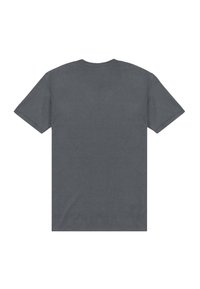 En ensfarvet mørkegrå T-shirt med korte ærmer set fra ryggen, med en rund halsudskæring, på en hvid baggrund.