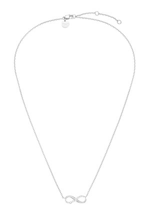 Collana delicata con catenina in argento e ciondolo a forma di simbolo dell'infinito decorato con piccoli cristalli rotondi e chiusura a moschettone.