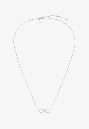 Zarte silberne Halskette mit Anhänger in Form eines Unendlichkeitssymbols, verziert mit kleinen runden Kristallen und einem Karabinerverschluss.