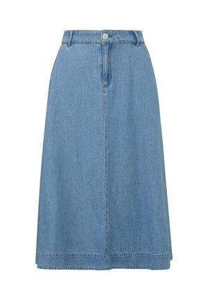 Lichtblauwe denim rok in A-lijn met knoop- en ritssluiting aan de voorkant, lussen voor een riem en een zichtbare naad in het midden.