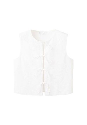 Bijela bluza bez rukava s cvjetnim vezom, okruglim izrezom i vezicama sprijeda za zatvaranje. Glatka tekstura s opuštenim krojem.