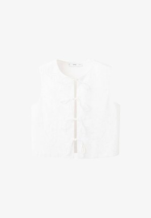 Witte mouwloze blouse met bloemrijke borduursels, ronde hals en sluitlinten aan de voorkant. Gladde textuur met een losse pasvorm.