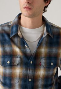 Camisa de franela con un estampado de cuadros en azul, marrón y blanco, con dos bolsillos en el pecho y una etiqueta de Levi's. Lleva una camiseta de cuello redondo blanca debajo.