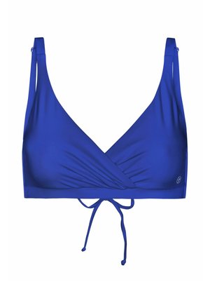 Haut de bikini bleu enveloppant avec un décolleté en V profond, des bretelles ajustables et une fermeture à nouer à la base pour un maintien sûr. Texture lisse.