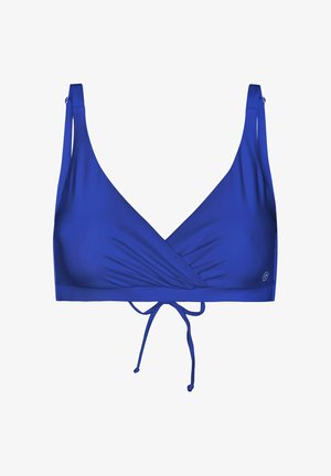 Bikini-Oberteil in Blau mit tiefem V-Ausschnitt, verstellbaren Trägern und einer Bindeschließe am unteren Ende für einen sicheren Sitz. Glatte Textur.