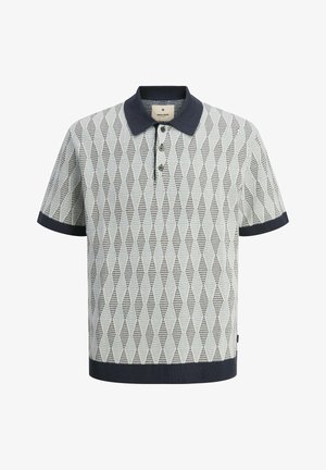 Rövid ujjú pólóing gyémánt mintázattal, szürke és fekete színekben, kötött textúrával, sötétkék gallérral és mandzsettákkal.
