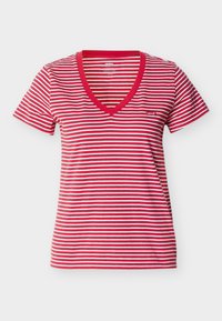 T-shirt à manches courtes avec col en V rayé horizontal rouge et blanc, avec un petit logo Levi's sur la poitrine gauche.