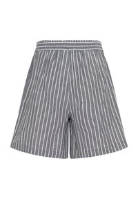 Shorts rayés gris et blanc avec une taille élastique, offrant une coupe décontractée et un tissu doux pour le confort. Design simple avec des lignes verticales.