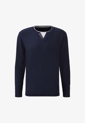 Marineblaues Langarmshirt mit geripptem Kragen, dreiknöpfiger Knopfleiste und einem weichen, strukturierten Stoff. Taillierte Passform mit geraden Säumen.
