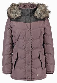 Giacca a vento in mauve spento con cappuccio removibile rifinito in pelliccia. Presenta un pannello superiore nero, chiusure a scatto e due tasche laterali.