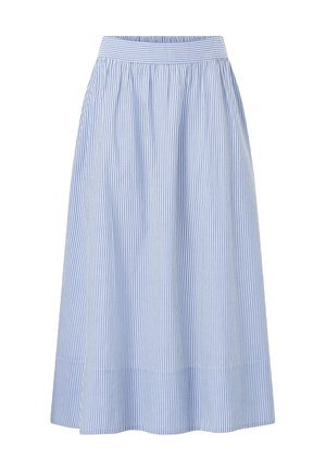 Blå og hvide lodrette stribet midinederdel med rynket talje og bred kant.