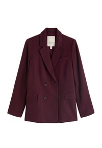 Blazer de doble botón en mezcla de lana burdeos intenso. Presenta solapas con muesca, dos bolsillos frontales y seis botones en la parte delantera.