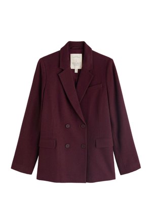 Divu rindu žaketes dziļi bordo vilnas maisījumā. Iekļauj iebakstīts apkakli, divus priekšējos kabatas un sešus pogas priekšpusē.