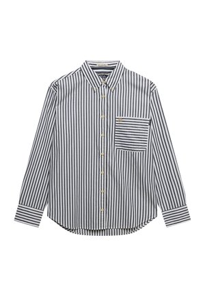 Overhemd met lange mouwen en knoopsluiting, voorzien van verticale zwarte en witte strepen en een gestreepte borstzak, plat neergelegd op een witte achtergrond.