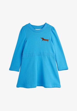 Blue long-sleeve dress in soft material, featuring a brown dachshund embroidery on the chest and a gathered waist for a flared skirt.