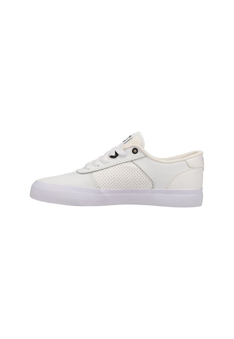 White sneaker with a smooth leather upper, perforated side panels, flat laces, and a slim rubber sole. Minimalist design, no visible branding.