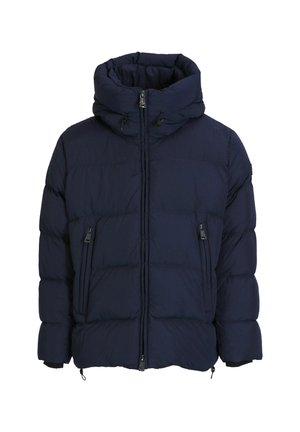 Donkerblauwe pufferjas met een hoge kraag, rits aan de voorkant en twee zijzakken. Bevat een gestikt ontwerp en verstelbare trekkoorden.
