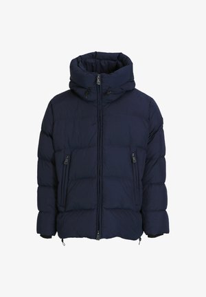 Navyblauer Pufferjacke mit hohem Kragen, Reißverschluss vorne und zwei seitlichen Taschen. Verfügt über ein gestepptes Design und verstellbare Kordeln.