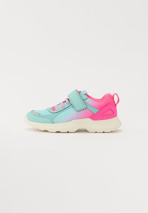 Child's sneaker with a mesh upper in aqua and pink gradient. Features a Velcro strap and laces, with a white rubber sole and heel tab.