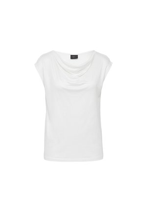 T-shirt blanc à manches courtes avec un col en drapé, texture lisse et coupe décontractée. Pas de motifs visibles ni de détails en matériel.