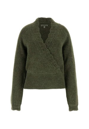 Pull en vert olive, style enveloppant, en tissu doux et texturé. Présente un col à volants et un ourlet à larges côtes. Manches longues.