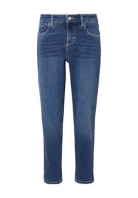 Blaue Jeans aus Denim mit Knopf und Reißverschluss an der Vorderseite, Fünf-Taschen-Design und gerader Bein Schnitt, vor einem weißen Hintergrund präsentiert.