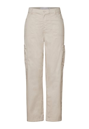 Beige Cargo-Hosen mit geradem Schnitt und Seitentaschen. Hergestellt aus leichtem Stoff mit strukturierter Oberfläche und Knopfverschluss.