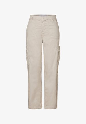 Beige Cargo-Hosen mit geradem Schnitt und Seitentaschen. Hergestellt aus leichtem Stoff mit strukturierter Oberfläche und Knopfverschluss.
