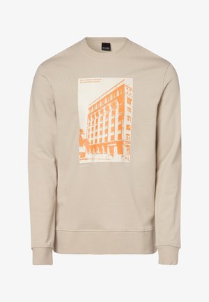 Beige sweatshirt met lange mouwen en een oranje grafiek van een vintage warenhuisgebouw op de voorkant.