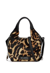 Leopard print handbag with black leather accents, featuring two top handles, a detachable shoulder strap, and a zipper closure.
