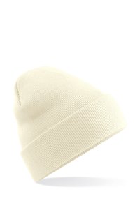 Knit beanie in cream color, featuring a ribbed texture and folded cuff, designed for warmth and comfort.
