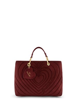 Borsa color mogano con motivo a cuore trapuntato, attacchi dorati per il manico e targhetta a forma di cuore con marchio "Braccialini".