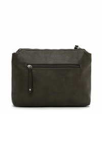 Pochette verde in finta pelle con chiusura a zip. Presenta un taschino frontale con zip e una superficie testurizzata. Forma rettangolare. Design compatto.